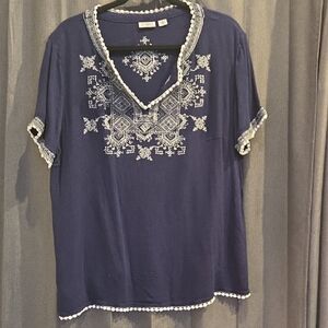 Cato Navy Blouse with White Embroidery
